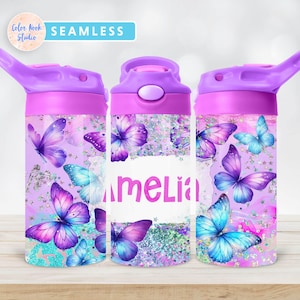 Motyl Dzieci 12 oz Flip Top Tumbler Wrap PNG Butelka na wodę Sublimacja Projekt Dodaj własne imię Pozioma etykieta z imieniem Pobieranie cyfrowe