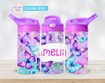 Butterfly Kids 12 oz Flip Top Tumbler Wrap PNG Water Bottle Sublimation Design Add Your Own Name Horizontal Name Label Digital Download