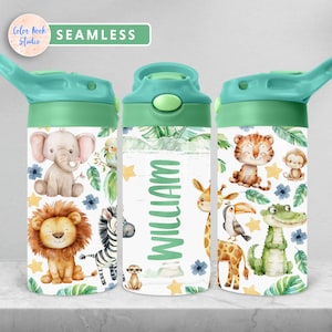Safari Animals Kids 12 oz Flip Top Tumbler Wrap Kids Bottiglia d'acqua Design a sublimazione PNG Senza soluzione di continuità Aggiungi il tuo nome Download digitale