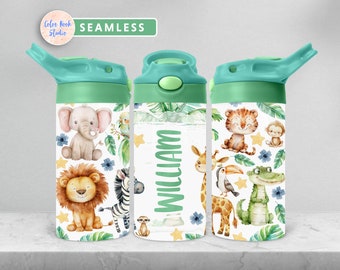 Safari Animals Kids 12 oz Flip Top Tumbler Wrap Kids Water Bottle Sublimation Design PNG Seamless Add Your Name Digital Download