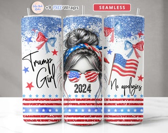 Puede incluir: Un juego de tres vasos de acero inoxidable con temática patriótica. Los vasos presentan un fondo de purpurina rojo, blanco y azul con estrellas y rayas. El vaso del centro presenta a una mujer con un pañuelo rojo, blanco y azul y gafas de sol, con el texto "2024" debajo. El vaso de la izquierda presenta el texto "Trump Girl" y el vaso de la derecha presenta el texto "No apologies".