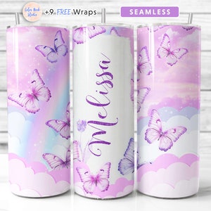 Aggiungi il tuo nome Tumbler Wrap PNG Farfalla rosa cielo senza soluzione di continuità Sublimazione Tumbler da 20 oz Design Download digitale istantaneo