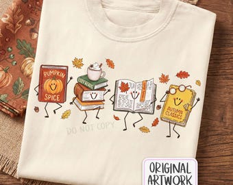 Cute Fall Book Characters PNG, Cozy Autumn Reading Sublimation Design, Happy Book Lover Doodles, Pumpkin Spice Bookish Graphic PNG File