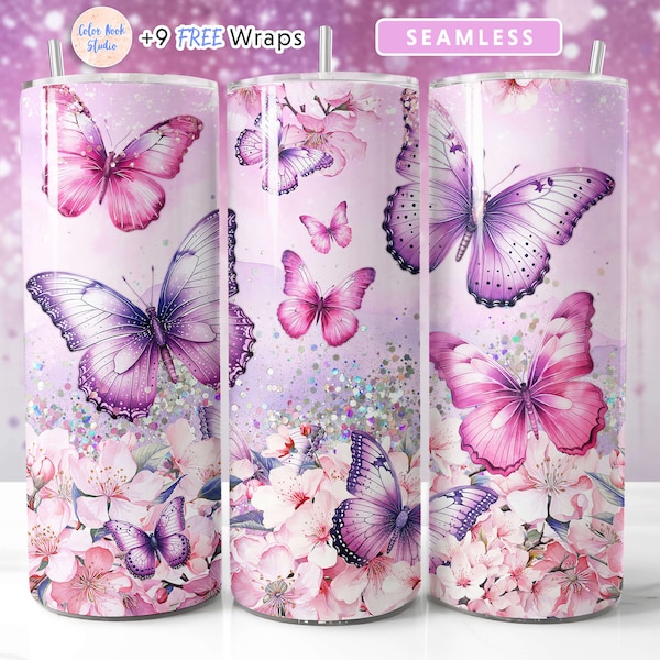 Butterfly Tumbler Wrap 20 uncji Kwiaty bez szwu sublimacji Design Natychmiastowe pobieranie cyfrowe