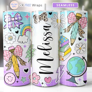 May include: A set of three colorful, personalized tumbler designs featuring a rainbow, a pencil with a bow, and a stack of books. The tumblers are decorated with a variety of cute, whimsical illustrations, including a smiley face, a heart, and a star. The name "Melissa" is written on one of the tumblers.