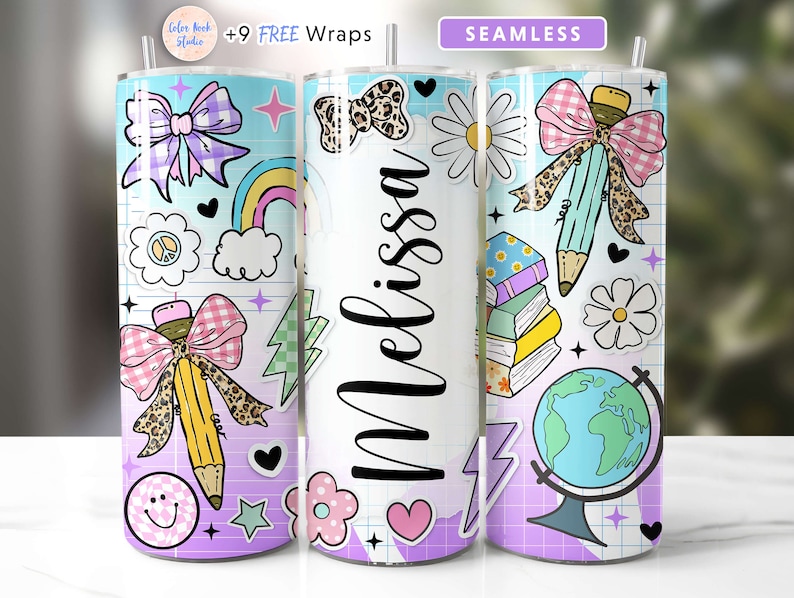 May include: A set of three colorful, personalized tumbler designs featuring a rainbow, a pencil with a bow, and a stack of books. The tumblers are decorated with a variety of cute, whimsical illustrations, including a smiley face, a heart, and a star. The name "Melissa" is written on one of the tumblers.