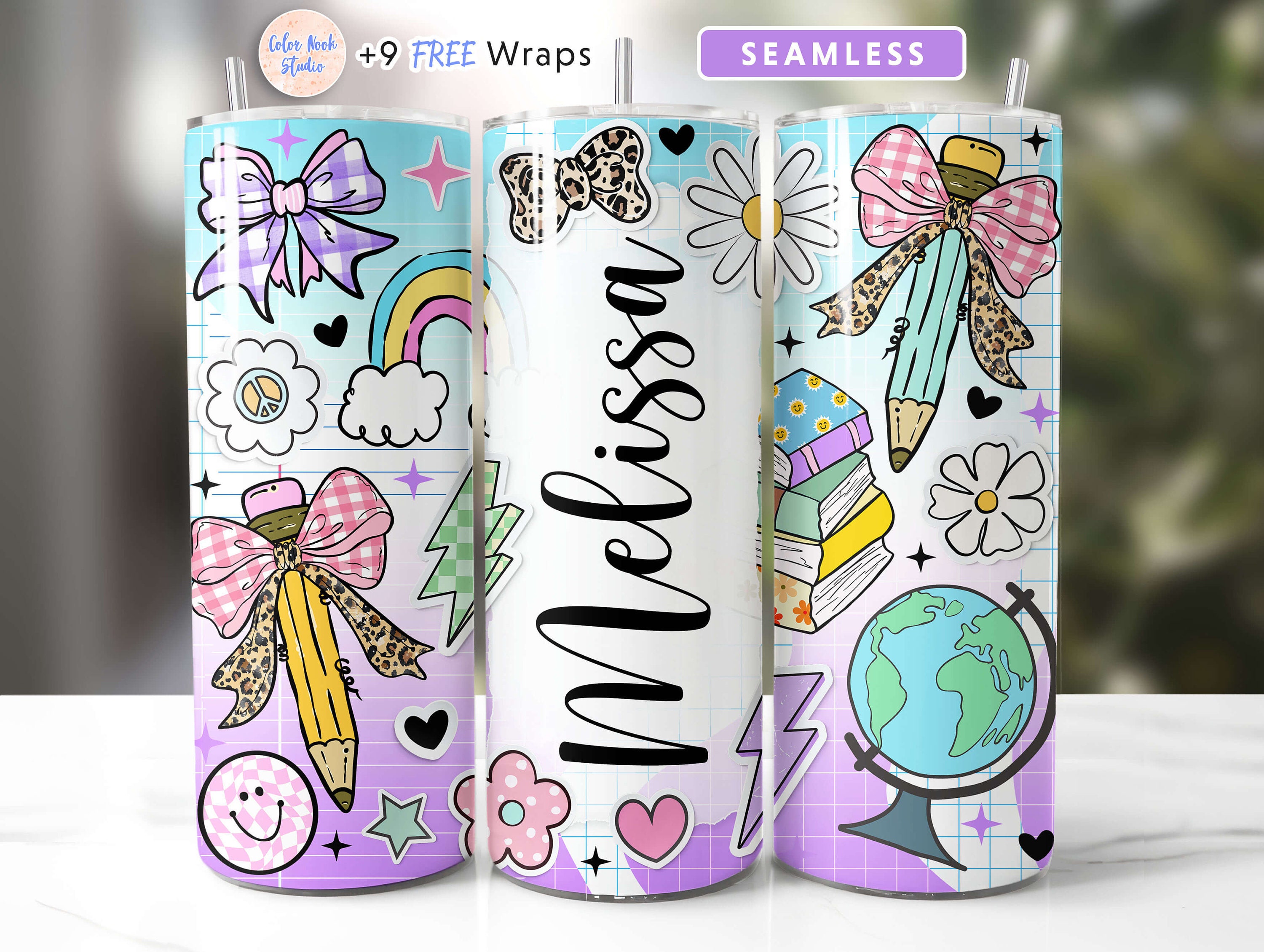 Teacher Tumbler Wrap Design Coquette School Add Your Own Name/Text Seamless Sublimation 20 oz Skinny Tumbler PNG Digital Download