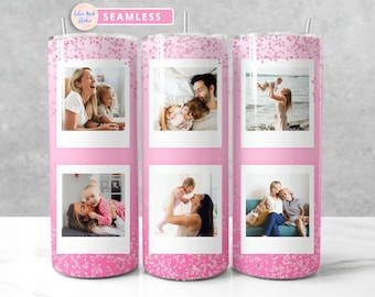 Photo 20 oz Tumbler Wrap Pink PNG Add Your Own 6 Pictures Seamless Sublimation Glitter Tumbler Design Instant Digital Download