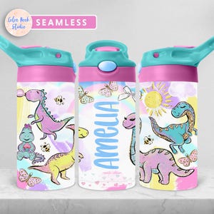 Dinosaur Kids 12 oz Flip Top Tumbler Wrap PNG Glitter Bottiglia d'acqua personalizzata Design Sublimazione Aggiungi il tuo nome Download digitale
