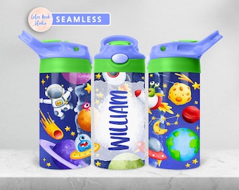 Outer Space Kids 12 oz Flip Top Tumbler Wrap Astronaut PNG Personalized Design Water Bottle Sublimation Add Your Own Name Digital Download