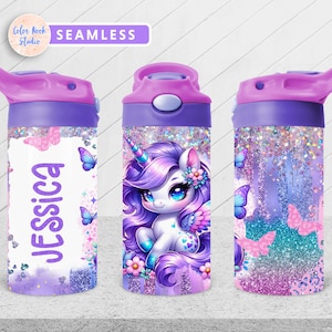 Unicorn Kids 12 oz Flip Top Tumbler Wrap Glitter Kids Water Bottle Sublimazione Design PNG Senza soluzione di continuità Aggiungi il tuo nome Download digitale