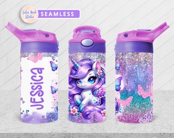 Unicorn Kids 12 oz Flip Top Tumbler Wrap Glitter Kids Water Bottle Sublimation Design PNG Seamless Add Your Name Digital Download