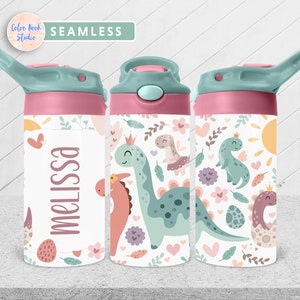 Dinosaur Kids 12 oz Flip Top Tumbler Wrap Girly PNG Personalized Design Water Bottle Sublimation Add Your Own Name Instant Digital Download