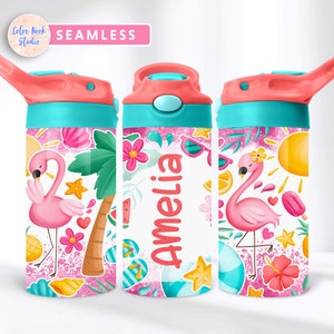 Summer Kids 12 oz Flip Top Tumbler Wrap Flamingo PNG Design personalizzato Bottiglia d'acqua Sublimazione Aggiungi il tuo nome Download digitale istantaneo