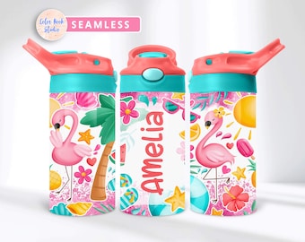 Summer Kids 12 oz Flip Top Tumbler Wrap Flamingo PNG Personalized Design Water Bottle Sublimation Add Your Own Name Instant Digital Download