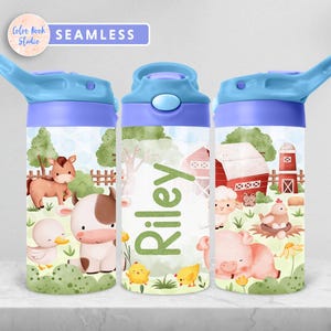 Tumbler con tappo a ribalta da 12 once per bambini con animali da fattoria, design per bottiglia d'acqua personalizzata, stampa a sublimazione, aggiungi il tuo nome, download digitale istantaneo