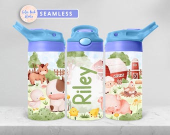 Envoltura para vaso con tapa abatible de 12 oz con diseño de animales de granja para niños, diseño de botella de agua personalizado, sublimación, agregue su propio nombre, descarga digital instantánea