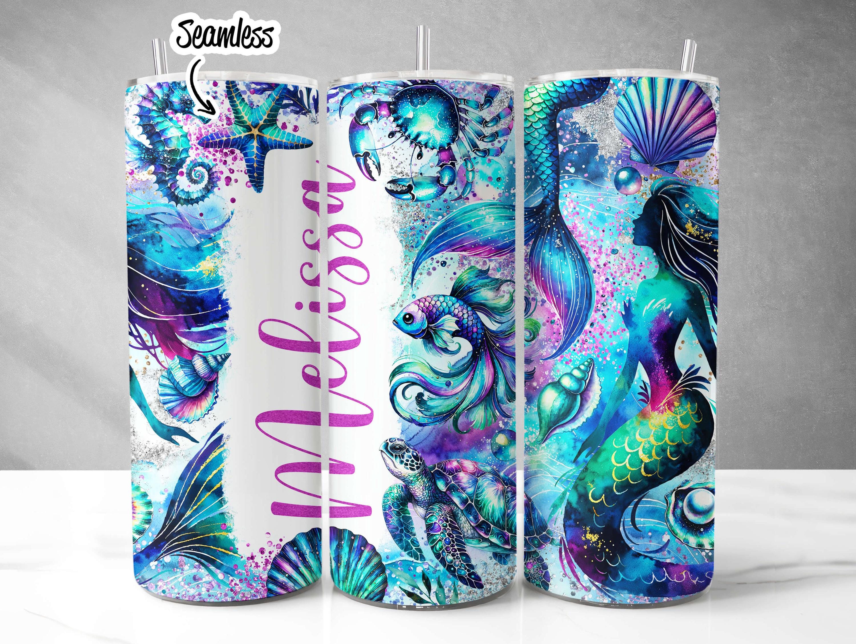 Mermaid Tumbler Wrap PNG Glitter Watercolor Personalized Add Your Own ...
