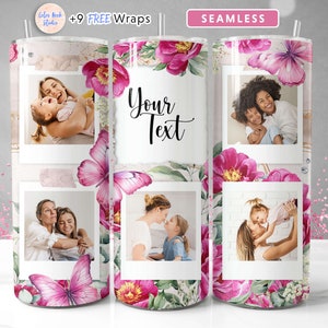 May include: A white stainless steel tumbler with a pink floral design and butterflies. The tumbler has a clear lid and a straw. The tumbler has four photos of mothers and daughters. The text "Your Text" is on the tumbler.