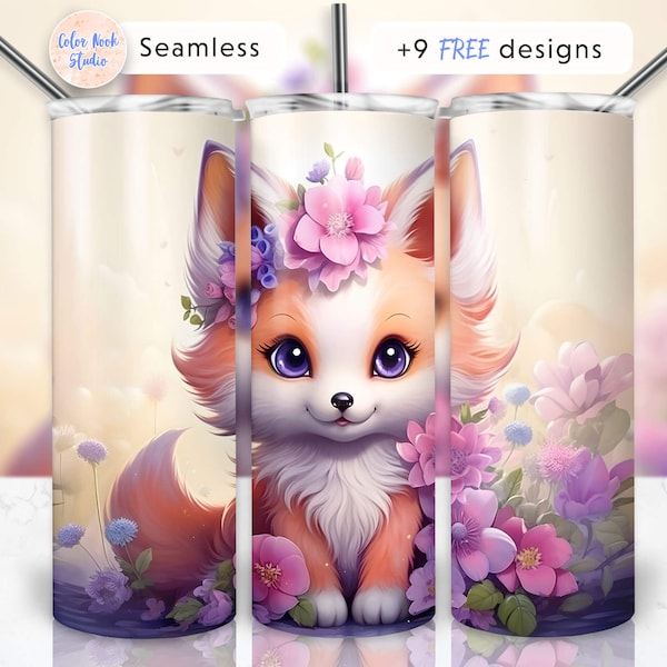 Fox Tumbler Wrap 20 oz PNG Kids Cute Seamless Sublimation Design Instant Digital Download