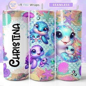 Avvolgi tumbler tartaruga marina PNG Aggiungi il tuo nome mamma e bambino Design personalizzato tumbler da 20 once Sublimazione senza soluzione di continuità Download digitale istantaneo