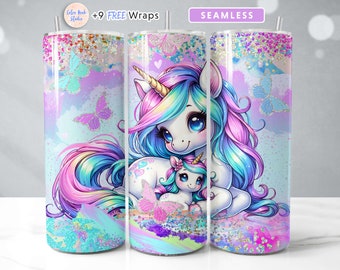 May include: A seamless sublimation design featuring a mother and baby unicorn with rainbow manes and tails. The design is set against a pastel blue and purple background with glitter accents and butterflies.