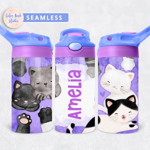 Cat Kids 12 oz Flip Top Tumbler Wrap PNG Design personalizzato Bottiglia d'acqua Sublimazione Aggiungi il tuo nome Download digitale istantaneo