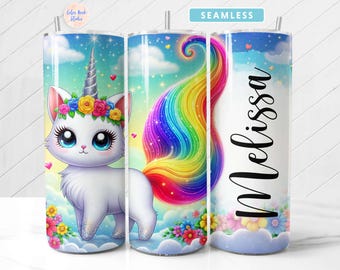 Vaso de unicornio con diseño de gato, envoltura personalizada PNG, arcoíris, agregue su propio nombre/texto, diseño de sublimación de vaso delgado de 20 oz, descarga digital