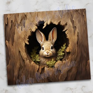 May include: A brown rabbit with long ears peeks out of a hole in a tree trunk. The rabbit has a white patch on its chest and is surrounded by green leaves.