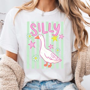 May include: White t-shirt with the word "SILLY" in pink, featuring a cartoon goose, pink stars, yellow stars, and daisies. The background has light green stripes.