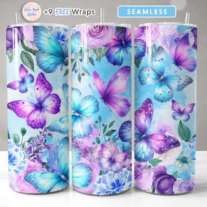 Farfalla Tumbler Wrap Design Blu e viola floreale PNG sublimazione senza soluzione di continuità Tumbler skinny da 20 once Download digitale istantaneo