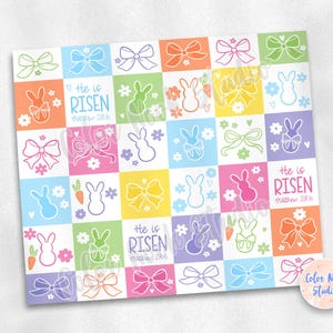 May include: A colorful digital paper design with a repeating pattern of bunnies, bows, flowers, and the text "He is Risen" with the scripture reference Matthew 28:6.