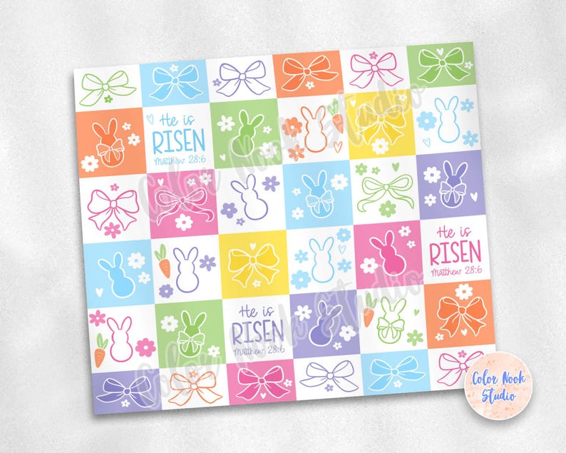 May include: A colorful digital paper design with a repeating pattern of bunnies, bows, flowers, and the text "He is Risen" with the scripture reference Matthew 28:6.