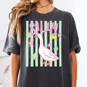 May include: Dark gray t-shirt featuring a whimsical design. The design includes the word "SILLY" in pink, a white goose, pink stars, yellow stars, and white daisies, all set against a backdrop of green stripes.