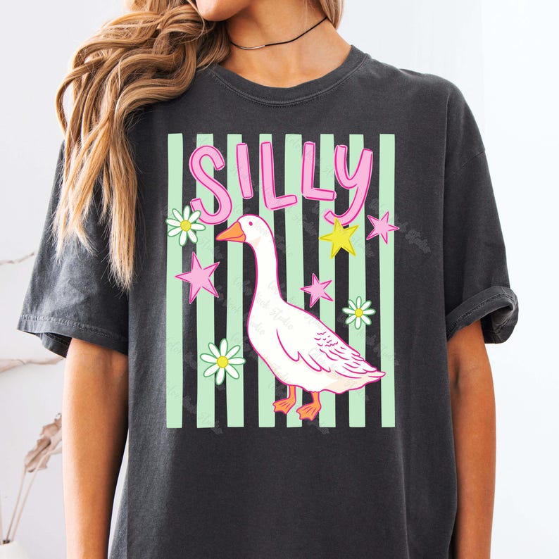 May include: Dark gray t-shirt featuring a whimsical design. The design includes the word "SILLY" in pink, a white goose, pink stars, yellow stars, and white daisies, all set against a backdrop of green stripes.