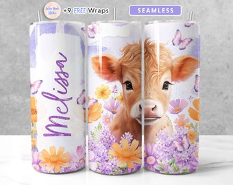 Baby Cow Tumbler Wrap PNG Add Your Own Name Butterfly & Flower Seamless Sublimation 20 oz Tumbler Design Instant Digital Download