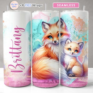 Fox Tumbler Wrap Design Mamma e cuccioli di animali Aggiungi il tuo nome Sublimazione senza soluzione di continuità Personalizzato Tumbler magro da 20 once PNG Download immediato