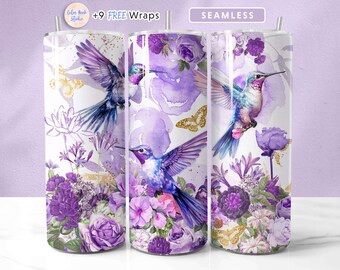 Hummingbird Tumbler Wrap Purple & Gold PNG Butterfly Seamless Sublimation 20 oz Tumbler Design Instant Digital Download