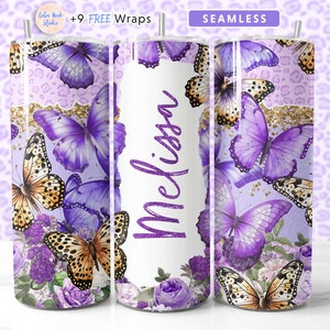 Envoltura de vaso de mariposa Agregue su nombre PNG Púrpura y oro Sublimación sin costuras 20 oz Diseño de vaso Descarga digital instantánea