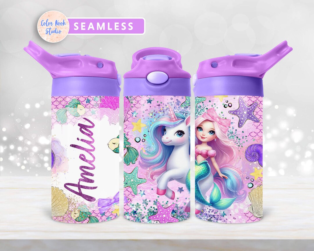 Mermaid & Unicorn Kids 12 Oz Flip Top Tumbler Wrap Kids Water Bottle ...