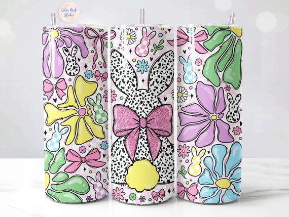 Retro Easter Bunny Tumbler Wrap PNG, Glitter, Coquette, Dalmatian Dots, Seamless, Sublimation, 20 oz Skinny Tumbler Design, Digital Download