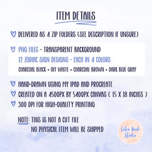 May include: Digital item details on a white background with blue accents. Text includes "Item Details", "PNG Files", "12 Zodiac Sign Designs", and color options. The canvas size is 15 x 18 inches, and the resolution is 300 DPI.