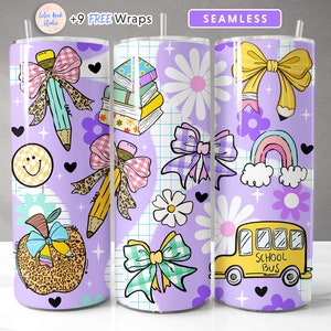 May include: A purple tumbler with a school-themed design. The design includes pencils, bows, a school bus, a rainbow, and a smiling face. The tumbler has a straw and is decorated with a grid pattern and floral elements.