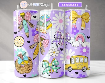 Teacher Tumbler Wrap Coquette School PNG Seamless Sublimation 20oz Skinny Tumbler Design Instant Digital Download
