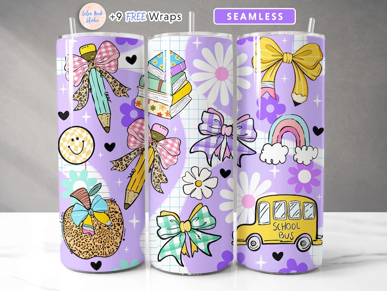 May include: A purple tumbler with a school-themed design. The design includes pencils, bows, a school bus, a rainbow, and a smiling face. The tumbler has a straw and is decorated with a grid pattern and floral elements.