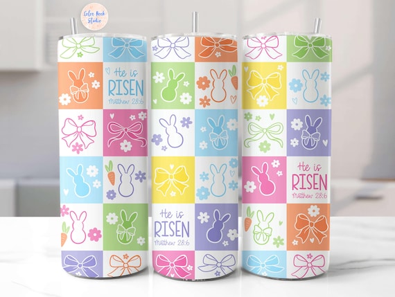 Checkered Easter Bunny Tumbler Wrap PNG He Is Risen Christian Coquette Seamless Sublimation 20 oz Skinny Tumbler Design Digital Download