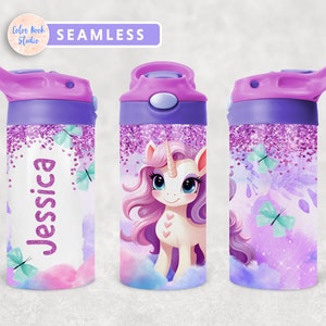 Jednorożec Dzieci 12 oz Flip Top Tumbler Wrap Motyl Brokat Dzieci Butelka na wodę Sublimacja Projekt PNG Bezszwowe Dodaj swoje imię Pobieranie cyfrowe