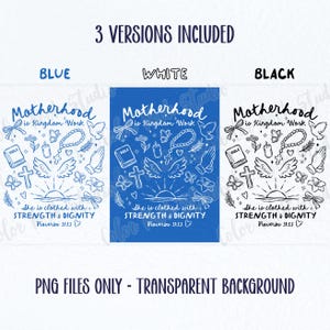 May include: Three versions of a printable design with the text "Motherhood is Kingdom Work" in white lettering on a blue, white, and black background. The design includes a cross, a dove, a Bible, a candle, a rosary, flowers, butterflies, and wings. The text "She is clothed with STRENGTH & DIGNITY Proverbs 31:25" is also included in the design.