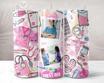 Infirmière Photo Tumbler Wrap PNG, rétro, paillettes, ajoutez vos propres 2 photos, conception personnalisée de gobelet skinny 20 oz, téléchargement numérique