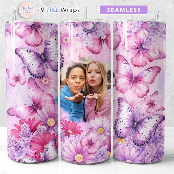 Butterfly Picture Tumbler Wrap PNG Add Your Own Photo Seamless Sublimation 20 oz Tumbler Design Instant Digital Download